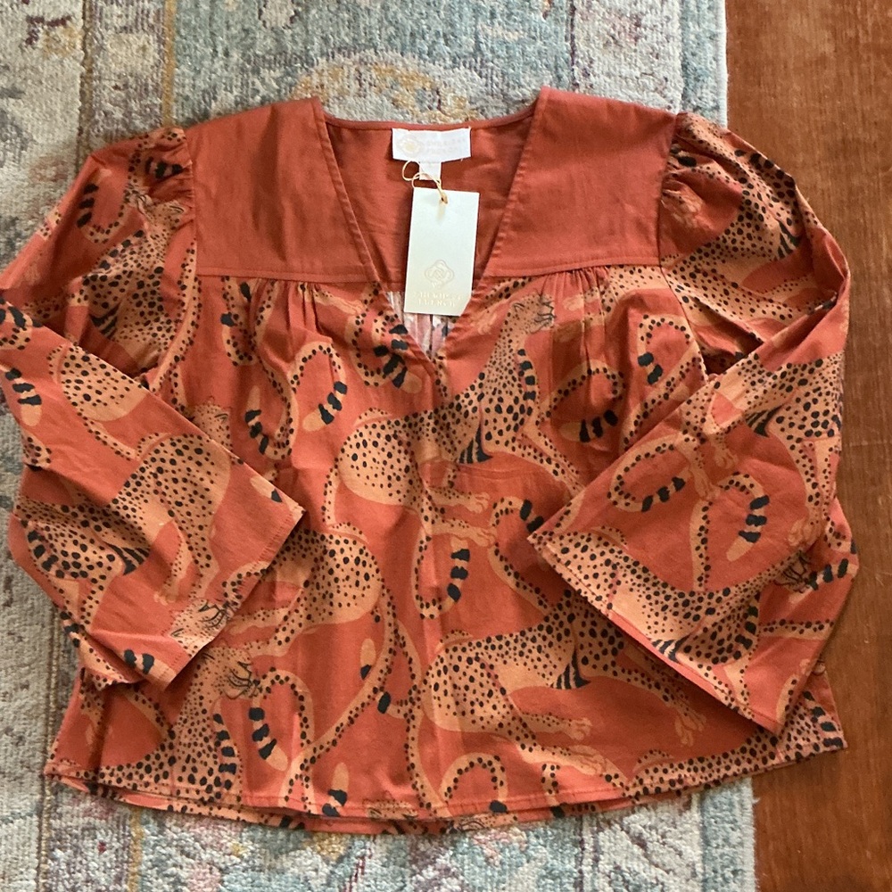Women's Rust Printed V-Neck Blouse - Sheridan French